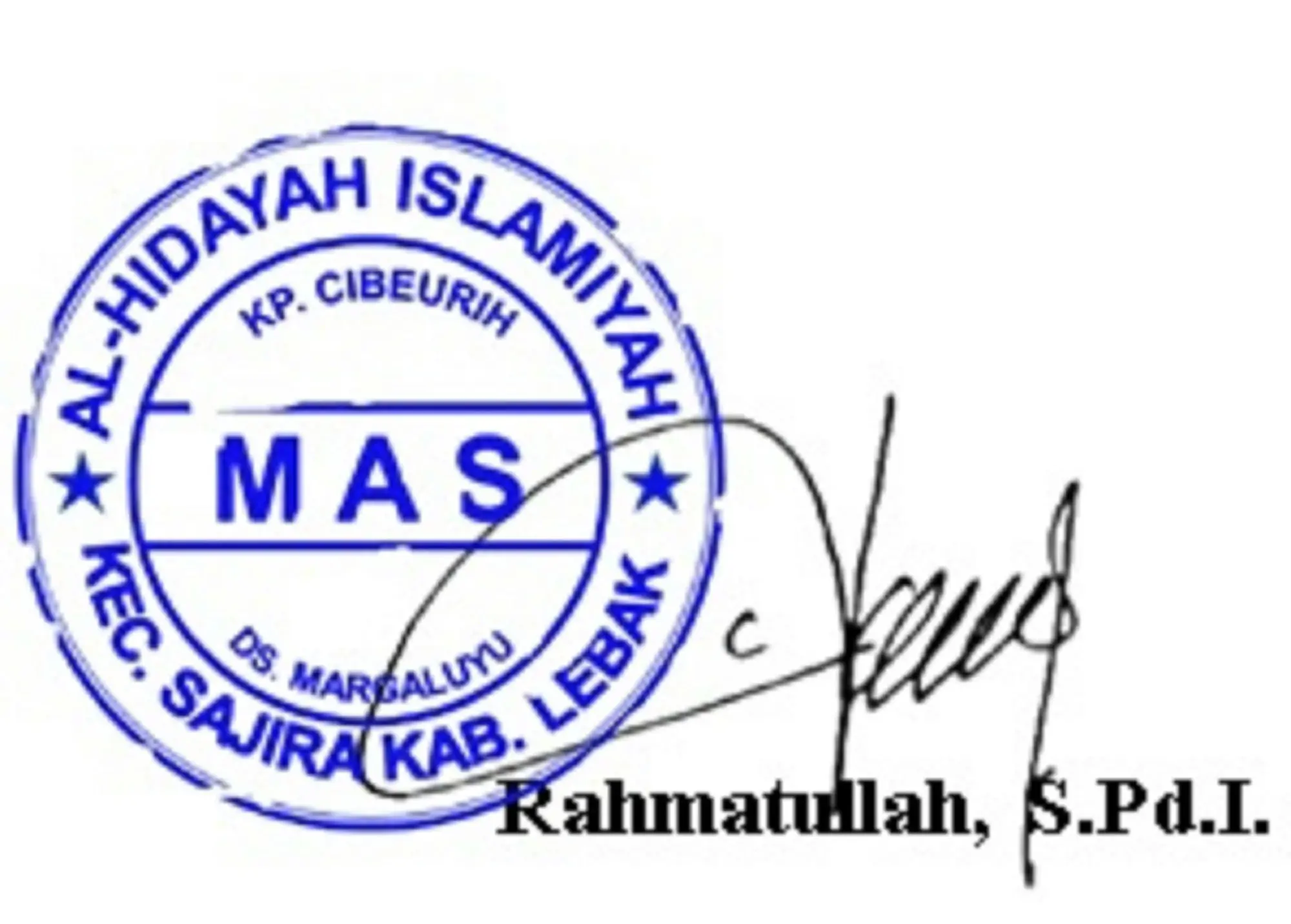Blue official rubber stamp impression above a handwritten signature on a legal document