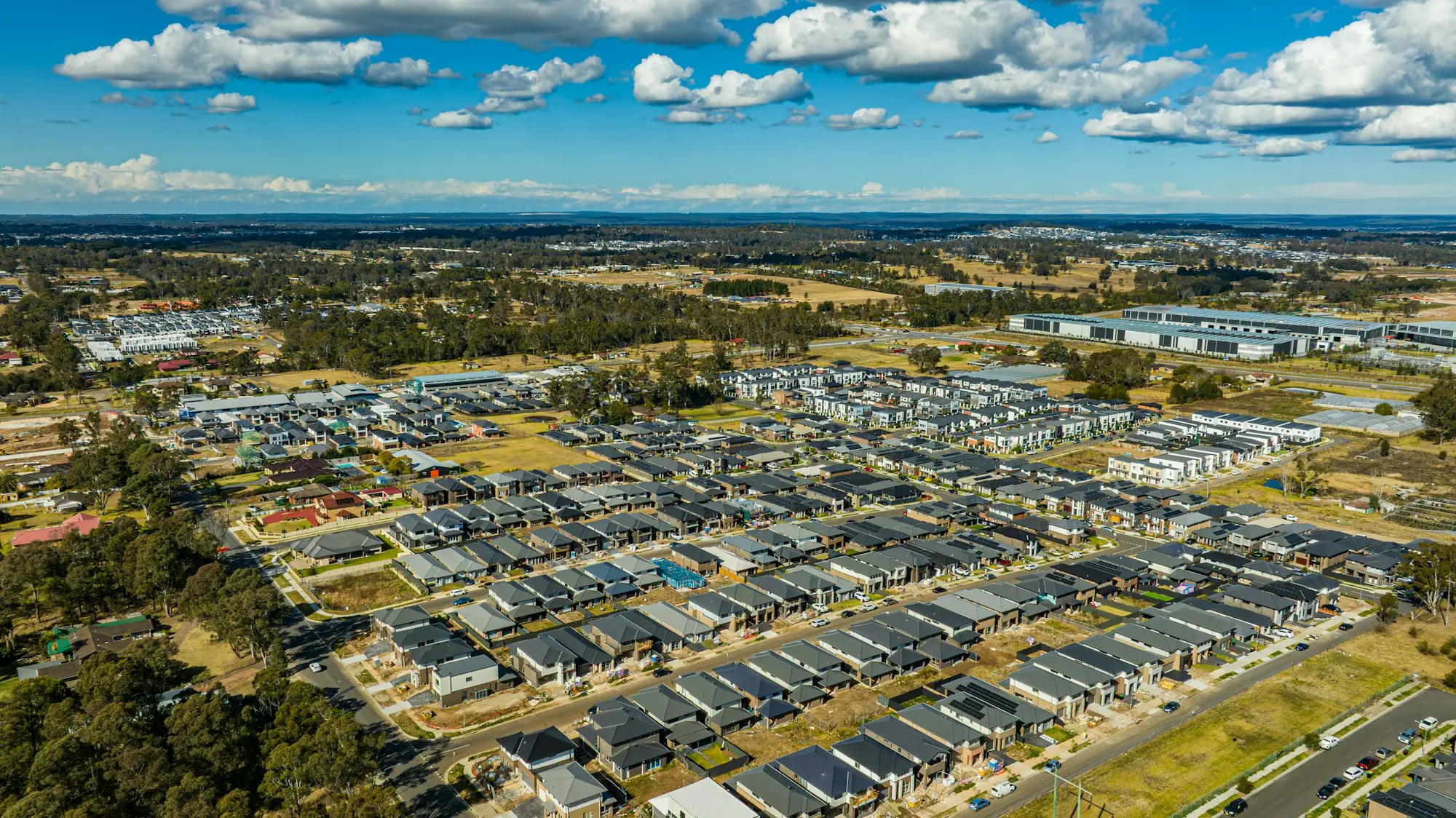Aerial view of a new suburban housing estate on the fringe of Sydney, New South Wales